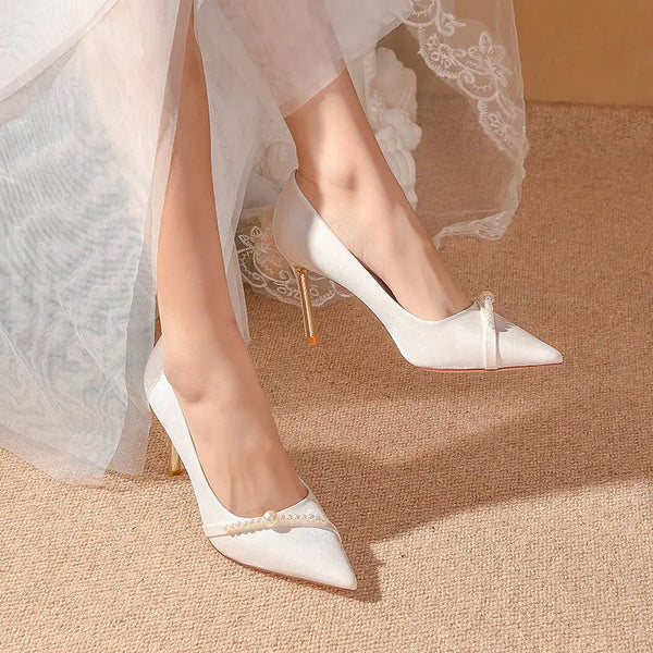 Pumps on Heeled White Shoes for Woman Pearl High Heels Wedding