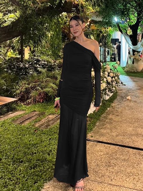 Oblique Shoulder Long Sleeve Maxi Dress for Women Elegant Patchwork Ruched Backless Slim Bodycon Dress