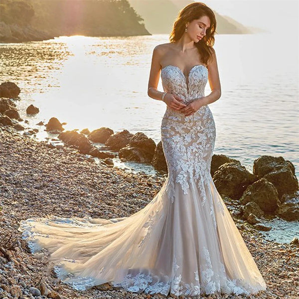 Customized Boho Sexy Strapless V-Neck Mermaid Wedding Dresses
