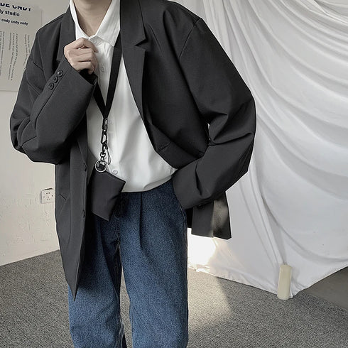 Casual Solid Color Loose Suit Jacket for Men with Long Sleeves - Autumn Streetwear Fashion