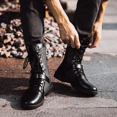 Punk-Inspired Mid-Calf Motorcycle Boots for Men - All-Match Denim Tooling Footwear