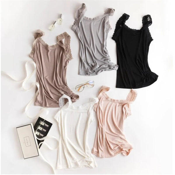 Elegant Women's Mulberry Silk Lace Camisole - Sleeveless U Neck Solid Cami Tank Top for Stylish Summer Wear