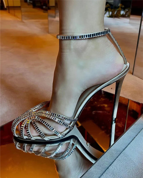 Glamorous Crystal-Embellished Gladiator Sandals with Ankle Strap and Stiletto Heels for Elegant Summer Styling
