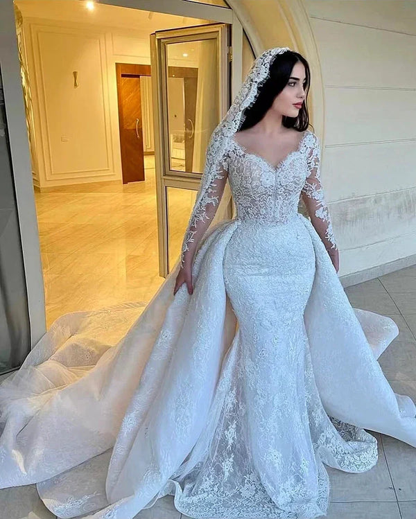 Mermaid Wedding Dress Lace Embroidery Strapless Neckline With Long Sleeves Elegant Bride