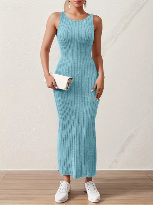 Solid Backless Tank Dress for Women - Summer Sleeveless Knitted Midi Dress