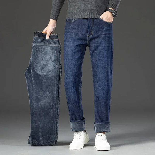 Men's Wool Jeans Winter Classic Business Casual Style Warm Plus Velvet Thickened Straight Jeans