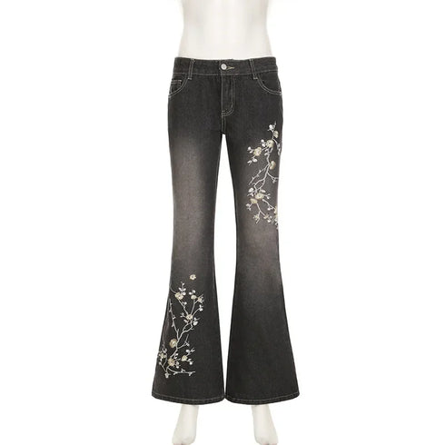 Floral Embroidery Vintage Low Rise Flared Jeans Women