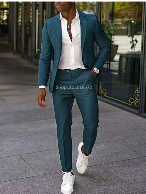 Casual Slim Fit Two Piece Men Suits Notch Lapel Jacket and Pants Set for Weddings and Business