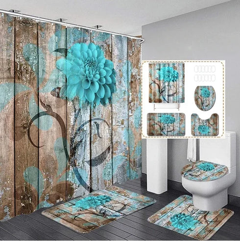4 Piece Doormat Shower Curtain Set with Non-Slip Rugs Toilet Seat Cover and Bath Carpet for Bathroom Decor