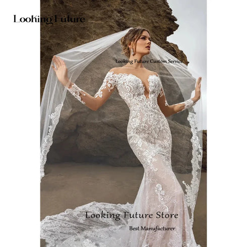 Customized Mermaid Long Sleeve Wedding Dress with Lace Appliques and Deep V-Neck Design