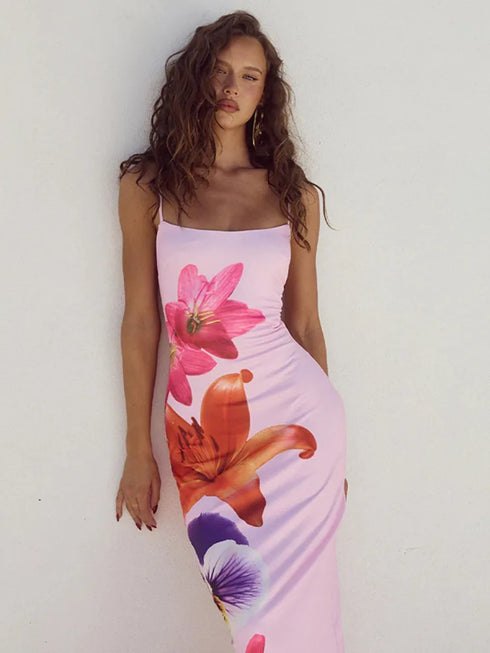 Floral Spaghetti Strap Bodycon Midi Dress for Women - Elegant Backless Gown