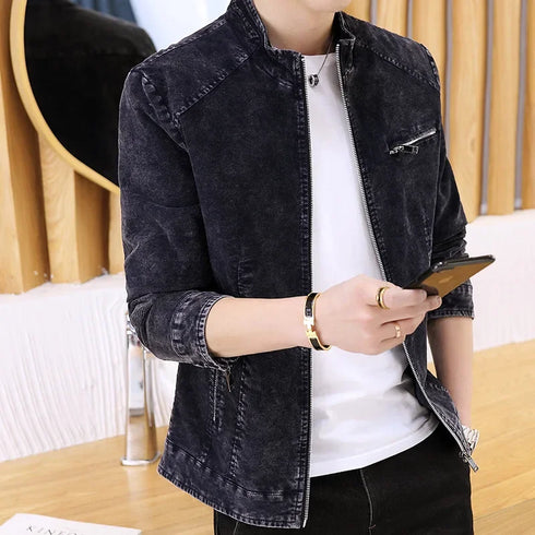 Men's Retro Motorcycle Denim Jacket with Stand Collar, Long Sleeve Zippered Casual Outerwear for Spring and Autumn Fashion
