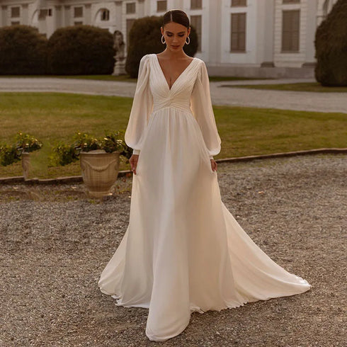 Boho Chiffon Long Sleeves A Line Wedding Dresses Custom Made