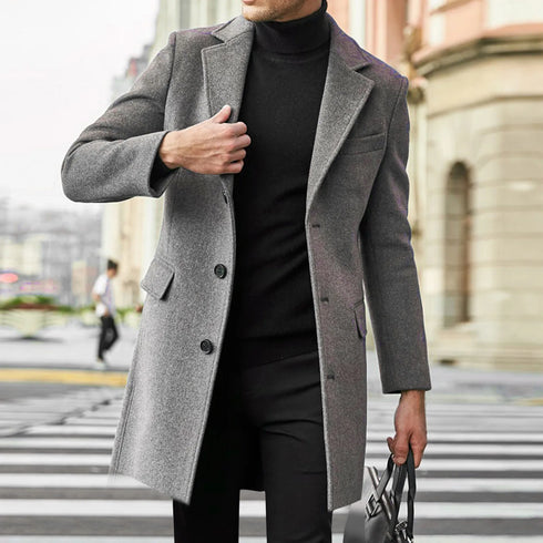 Trendy British Style Men's Long Sleeve Woolen Coat for Casual Autumn and Winter Wear