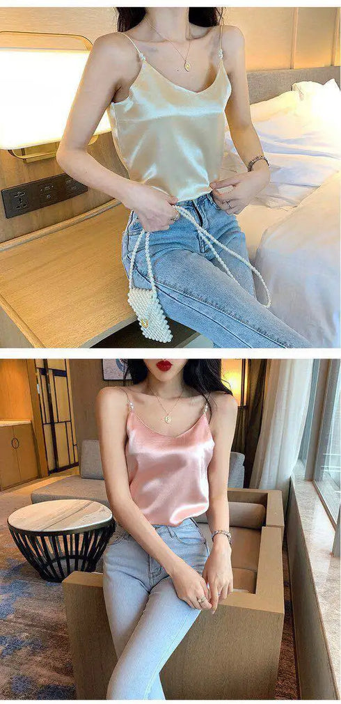 Satin Silk Backless Halter Crop Top for Women - Stylish Sleeveless Camisole Perfect for Summer Parties and Clubbing - Trendy Tank Top with Beaded Decoration and Open Back Design