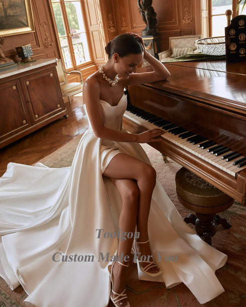 Toofgon Satin Wedding Dresses Detachable Long Sleeves Gowns