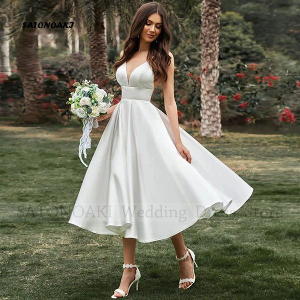 Customized Elegant Simple Spaghetti Straps Satin Short Wedding Dress A-Line Tea Length Bride Gown