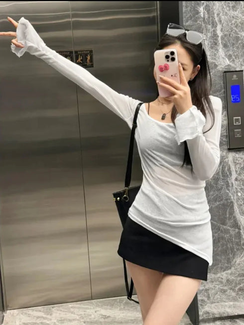 Mesh Sheer Irregular T Shirt For Women New Long Sleeve See-Through Korean Pullover Tops Sexy Autumn Girls Top Tee Shirt Casual