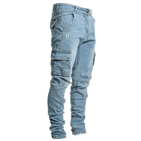 Fashion Streetwear Ripped Skinny Jeans Men Cargo Pants Slim Fit