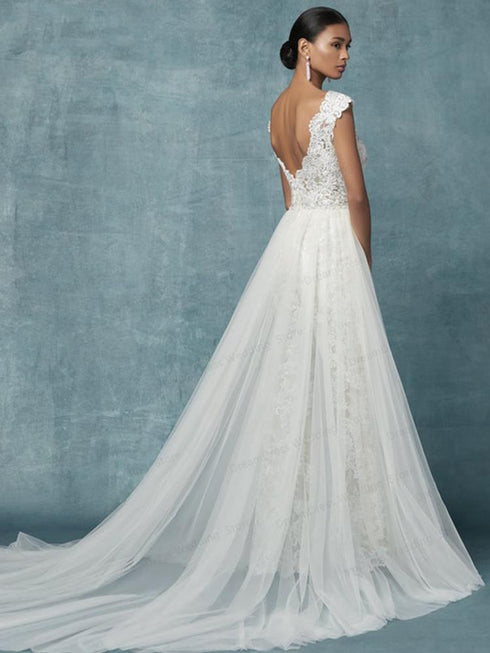 Jumpsuit Wedding Dresses With Detachable Train Bride Pants Suit Lace Appliqued Sleeveless Women Brides Outfits Backless 2023