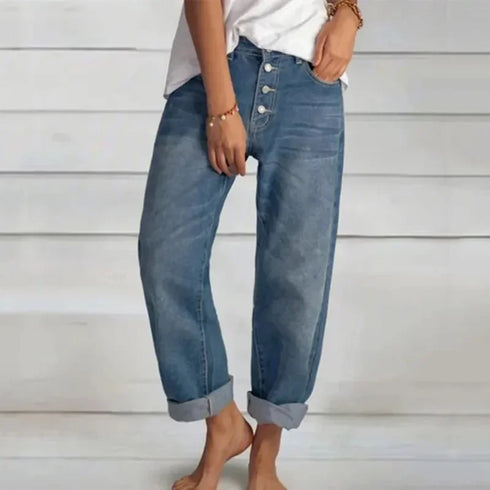Women Versatile Simple Denim Pants High Waist Straight Jeans