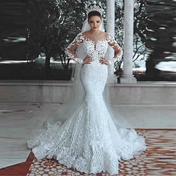 Muslim Shiny Lace Bridal Gowns Mermaid Wedding Dress Long Sleeve