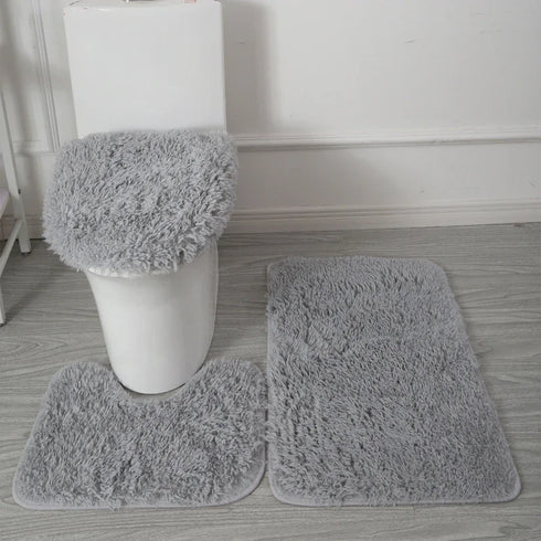 3 Piece Solid Color Bathroom Carpet Set Non-Slip Toilet Lid Cover Rugs Kit