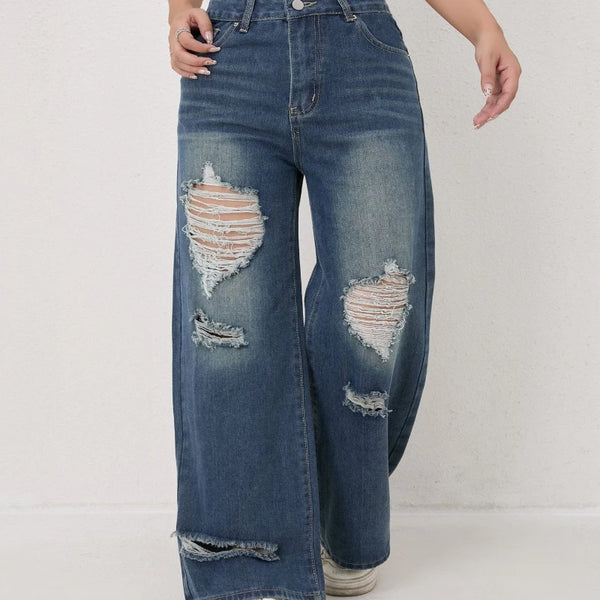 High Waisted Ripped Jeans For Women Loose Wide Leg Straight Leg Denim Jeans Casual Trendy Everyday Wear