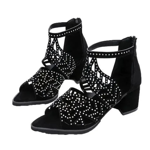 Rhinestone Faux Leather Hollow Out Thick Heel Sandals