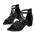 Rhinestone Faux Leather Hollow Out Thick Heel Sandals