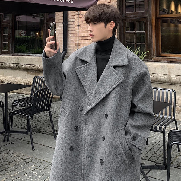 Luxury Woolen Trench Coat for Men - Korean Style Casual Outerwear with Double Breasted Closure, Full Sleeve Design, and Functional Pockets for Autumn and Winter Streetwear