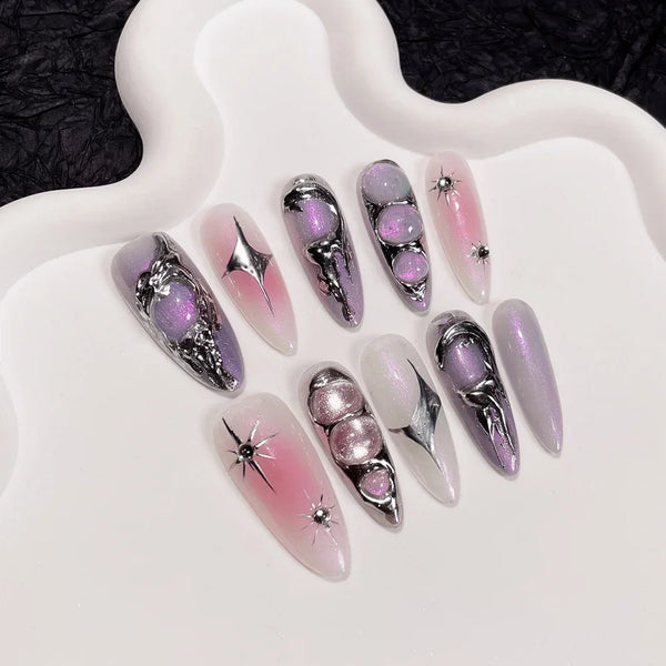 Gothic Handmade Long Stiletto Press-On Nails with Reusable Adhesive - Full Cover Nail Tips for Trendy Girls