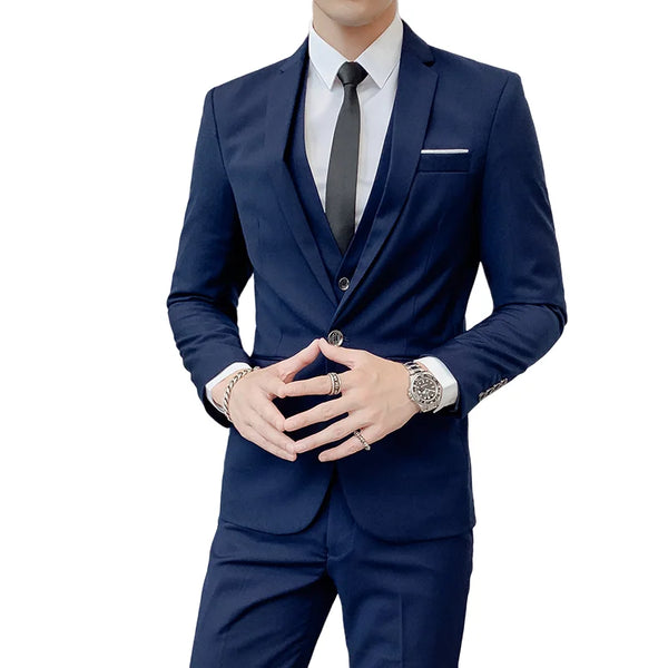 Men's Slim Fit Business Suit Set - Blazer, Vest & Pants for Casual and Wedding Occasions