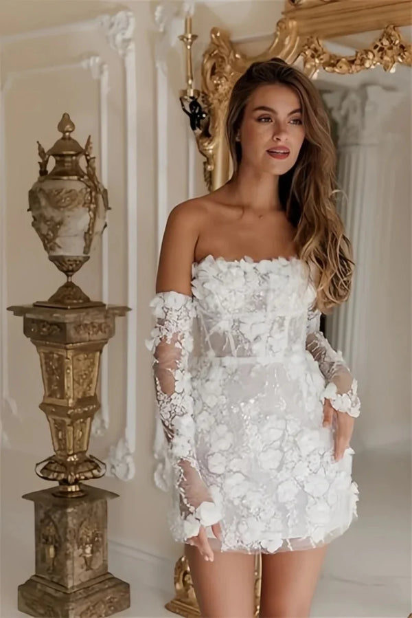 Women's Short Wedding Dresses Lace Floral Appliques Bridal Gown Strapless with Long Sleeves Prom Dress