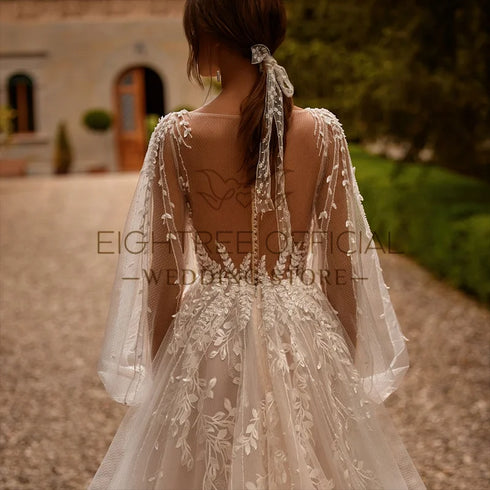Eightree Elegant Wedding Dresses A-Line V Neck Puff Sleeve Gowns
