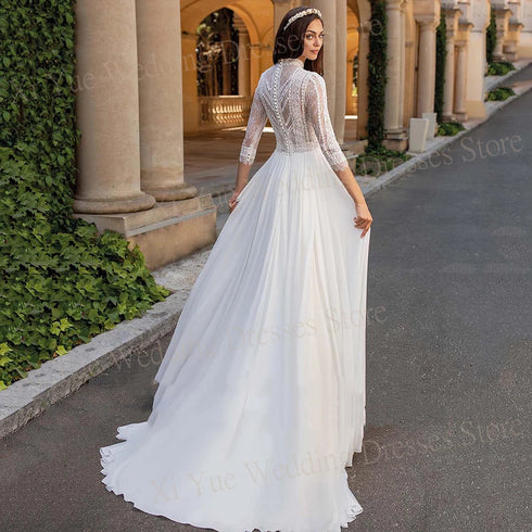 Boho Elegant A Line Wedding Dress Women’s Lace High Neck Customized Chiffon Bridal Gown