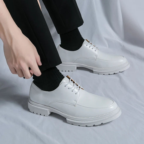 Luxury White Leather Oxford Shoes for Men - Stylish Formal Business Wedding Dress Footwear with Thick Bottom Casual Moccasins
