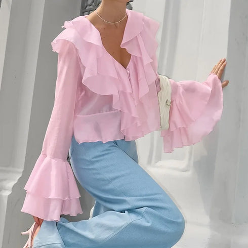 Summer Ruffle V Neck Long Sleeve Tops Casual Party Tees for Women