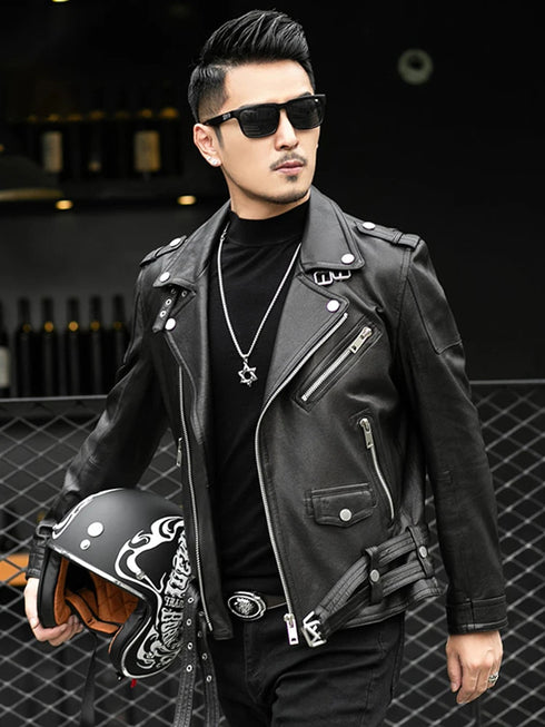 Men's Slim Fit Motorcycle Bomber Leather Jacket with Turn Down Collar and Zipper Pockets for Autumn and Winter Styling