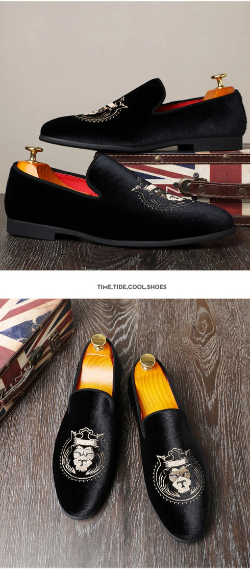 Luxury Pointed Toe Velvet Loafers for Men - Elegant Casual and Formal Dress Footwear with Embroidery Details for Weddings and Special Occasions