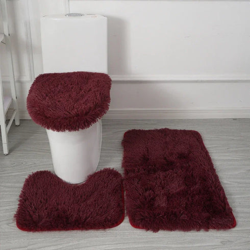 3 Piece Solid Color Bathroom Carpet Set Non-Slip Toilet Lid Cover Rugs Kit