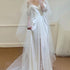 Customized Illusion Tulle Off Shoulder Lace Wedding Gowns A Line Long Sleeves Ruched Satin Bridal Dress