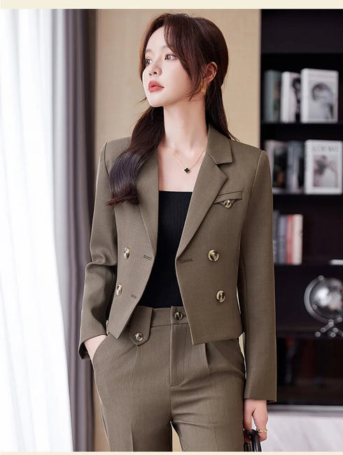 Chic Women's Office Suit Set: Long Sleeve Double Breasted Short Tops with Slim High Waisted Pencil Pants for Spring Fashion