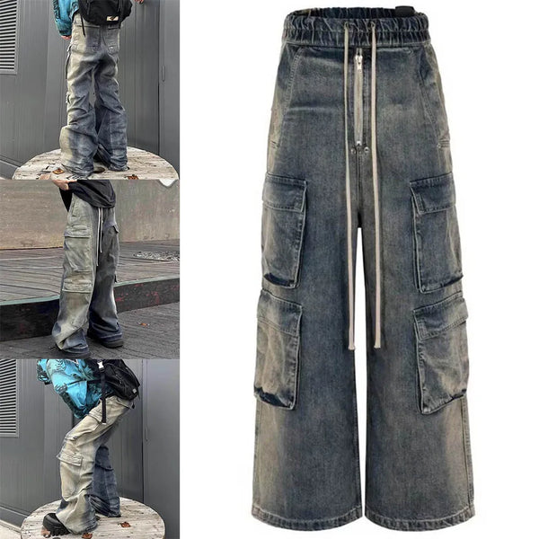 Men Multi-pockets Pants Gradient Ribbons Drawstring Jeans Cargo Trousers Fashion Streetwear Loose