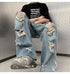 High Street Ripped Jeans Men's Clothing Wide Leg Trousers