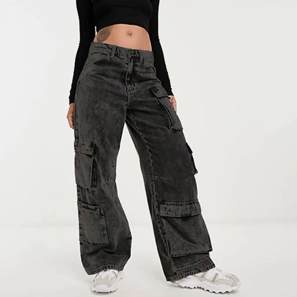 Cargo Jeans Loose Straight Denim For Women With Pockets Ankle Length For Casual Everyday Wear