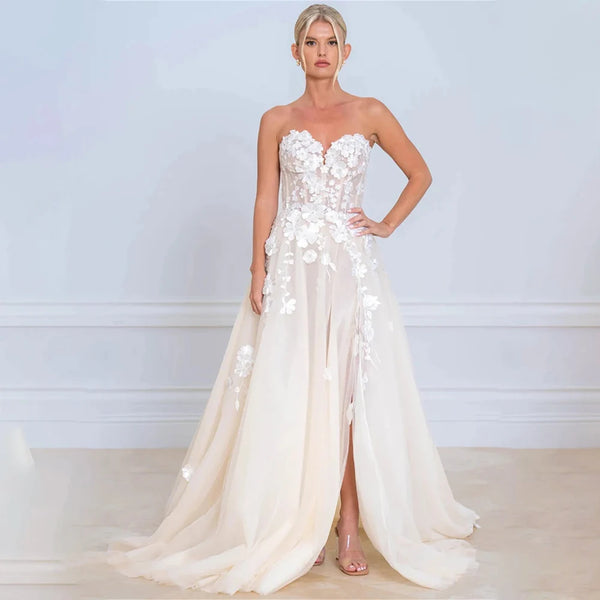 Charming Sweethart 3D Flower Lace Applique Wedding Dresses