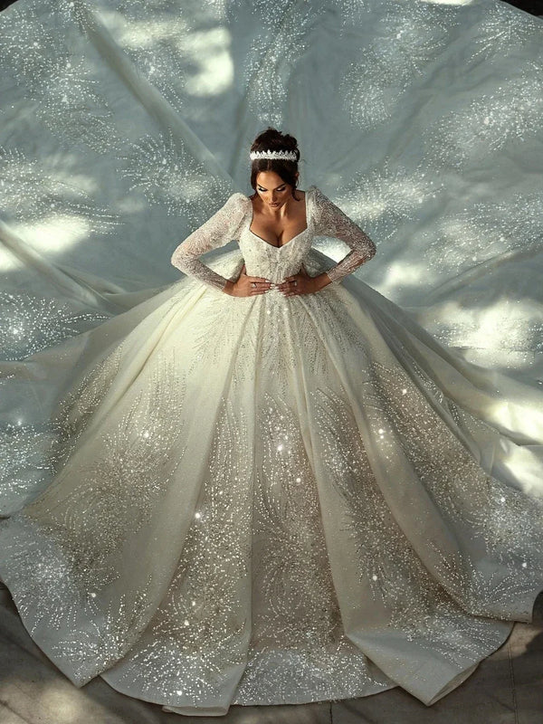 Beaded Wedding Dress Modest Long Sleeve Bridal Gown With Lace Floor Length Silhouette