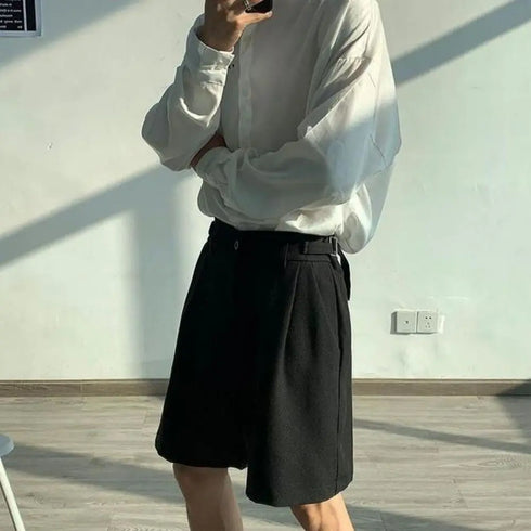 Fashion Casual Shorts Men Summer Korean Chic Wide Leg Trousers Male Knee-length Sashes Draped Loose Retro High Street Style