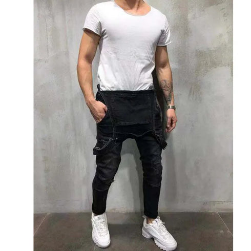 Fashionable Men's Ripped Denim Overalls - Trendy High Street Cargo Bib Jumpsuits for Hip Hop Style and Casual Outfits